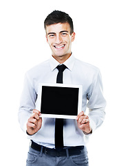Image showing Portrait, man and holding of tablet screen in studio on white background for social media mockup. Businessman, startup or happy for announcement, deal or offer on app, website or homepage by internet