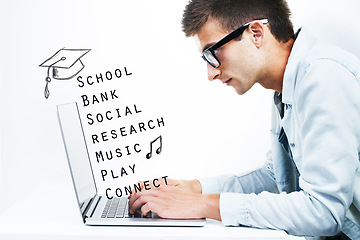 Image showing Serious student, man typing on laptop at desk and words, research or internet. Person on computer at table, reading email online and text for geek learning in glasses isolated on a white background