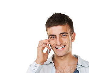 Image showing Happy man, portrait and phone call with space in studio for contact, mobile networking or conversation on white background. Face of model with smartphone for communication, feedback or chat at mockup