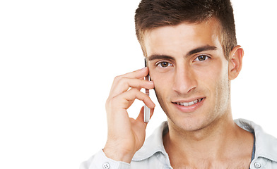 Image showing Man, portrait and phone call with space in studio for contact, networking and conversation on white background. Face of model with smartphone for mobile communication, chat and discussion at mockup