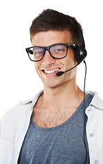 Image showing Portrait, call center and business man in glasses, headphones and microphone isolated on white background. Sales agent, telemarketing and happy consultant in customer service, crm or support in Spain