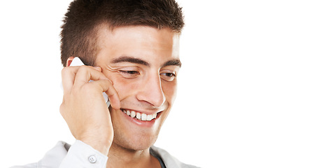 Image showing Face, man and phone call with space in studio for contact, networking or conversation on white background. Happy model with smartphone for mobile communication, chat or talking for feedback at mockup