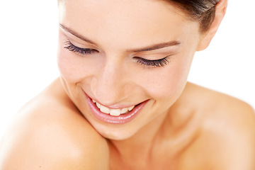 Image showing Skincare, woman and happy in studio with beauty, cosmetic and facial wellness for shine on white background. Person, face and smile for glow treatment, healthy aesthetic or dermatology and wellbeing