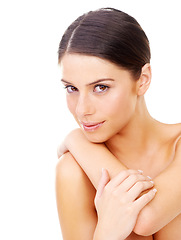 Image showing Skincare, portrait and woman in studio for body care, wellness or glowing skin treatment on white background. Beauty, face and female model with natural cosmetics results, dermatology or satisfaction