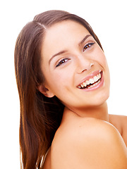 Image showing Woman, smile and portrait of skincare in salon, spa or studio with white background for cosmetic dermatology. Healthy, skin and natural facial results with happy, wellness and beauty from cosmetics