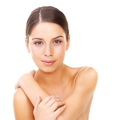 Image showing Portrait, skincare and woman in studio for body care, wellness or glowing skin treatment on white background. Beauty, face and female model with natural cosmetics results, dermatology or satisfaction