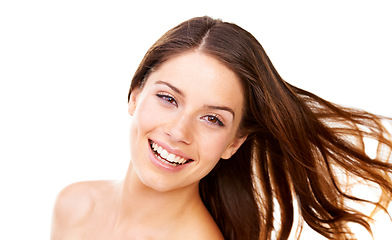 Image showing Hair care, woman and portrait or happy in studio with cosmetics, collagen and healthy texture. Person, face or smile for shampoo glow, shine or results on white background with beauty treatment