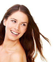 Image showing Hair care, woman and beauty with smile in studio with cosmetics, collagen and healthy texture. Person, face or happiness for shampoo glow, shine or results on white background with growth treatment