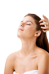 Image showing Woman, head and massage for relax in studio or white background, self care or peace service. Female person, client and face or rest scalp treatment as stress free or weekend spa happy, relief or zen