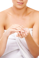 Image showing Woman, skincare and hands with lotion, sunscreen and product for dermatology and self care in bathroom. Shower, moisturizer and person with cream for clean body, beauty and healthy skin routine