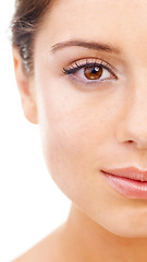 Image showing Portrait, closeup and woman with beauty, skincare and dermatology isolated on a white studio background. Half, face and person with healthy skin, treatment and grooming with makeup, soft and wellness