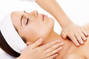 Image showing Hands, relax and massage with a woman customer closeup in a studio isolated on a white background. Face, spa and wellness with a young person in a salon for physical therapy or skincare treatment