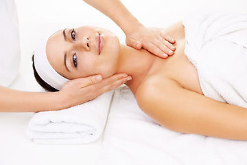 Image showing Portrait, massage and smile with a woman customer at the spa from above to relax during luxury treatment. Face, hands and salon with a young person on a table for wellness, hospitality or therapy