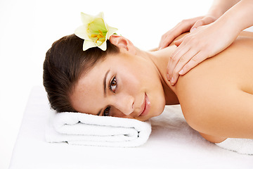 Image showing Portrait, hands for massage and woman with a flower on her head at the spa isolated on a white background. Face, beauty and luxury wellness with a young customer at a studio salon for treatment