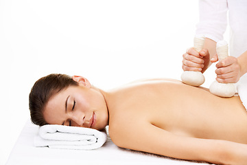 Image showing Spa, heat compress and woman for massage, back treatment and salon care on towel. Skincare, dermatology and masseuse with person for relax, calm and wellness for luxury cosmetics on white background