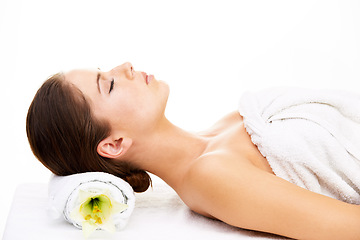 Image showing Woman, sleeping and relax in spa, zen or massage lying isolated on a white studio background. Female person or model asleep in skincare for luxury body therapy, salon or treatment for stress relief