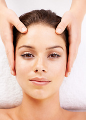 Image showing Spa massage, portrait and hands on face of woman from above at a resort for stress relief or wellness. Top view, facial and female with masseuse at a beauty salon for luxury, skincare or dermatology