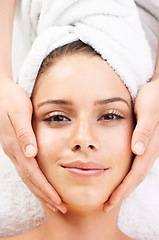 Image showing Portrait, spa massage and hands on face of woman from above at resort for stress relief or wellness. Top view, facial and lady client with masseuse at beauty salon for luxury, skincare or dermatology