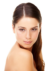 Image showing Skincare, woman and confident in studio with beauty, cosmetic and facial wellness for shine on white background. Person, face or pride for glow treatment, healthy aesthetic or dermatology and model