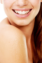 Image showing Closeup, mouth or woman with teeth, smile or dental care with wellness, hygiene or breathing. Person, girl or model with oral health, happiness or dentist treatment with beauty, shine or shoulder