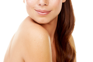 Image showing Body, skincare and woman closeup relax in studio, white background or dermatology in beauty salon or spa. Natural, glow and girl with cosmetics, mockup or collagen treatment for skin wellness
