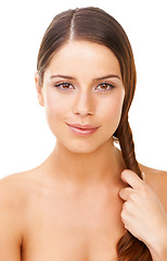 Image showing Woman, portrait and happy in studio for hair care, cosmetics and hand with keratin treatment for shine. Person, face and confidence with shampoo, hairstyle and collagen glow on white background