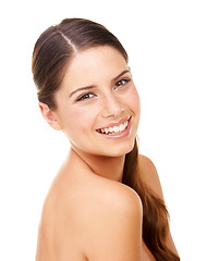 Image showing Skincare, woman and smile in studio with beauty, cosmetic and facial wellness for shine on white background. Person, face and happiness for glow treatment, healthy aesthetic or dermatology on mock up