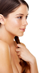 Image showing Woman, thinking and smile in studio for hair care, cosmetics and hand with keratin treatment for shine. Person, face and happiness with shampoo, hairstyle and collagen glow for growth and texture