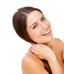 Image showing Woman, portrait and smile in studio for hair care, cosmetics and hand with keratin treatment for shine. Person, face and happiness with shampoo, hairstyle and collagen glow for growth and texture