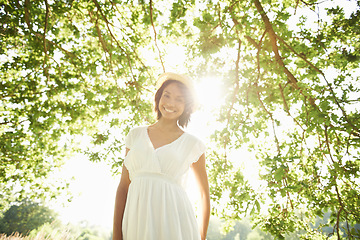 Image showing Portrait, freedom or happy woman in park, countryside or nature in summer to relax on break. Smile, wellness or female person in garden for peace or fresh air on an outdoor holiday vacation or travel