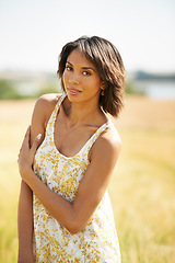 Image showing Portrait, confidence and woman in the countryside or field in summer outdoor, beauty and health. Face, young person at farm and nature, garden or travel on holiday, vacation and tourism in Brazil