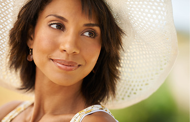 Image showing Relax, smile or woman thinking in field, countryside or outdoor garden in spring, park or nature. Freedom, wellness or happy female person in farm to breathe in fresh air on holiday vacation travel