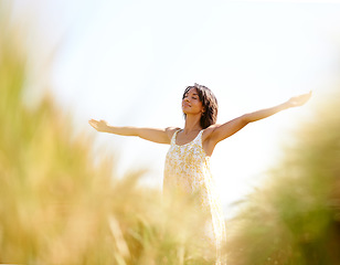 Image showing Peace, freedom and woman with arms raised at field outdoor in the countryside in spring. Person in nature, eyes closed and meditation to relax at farm, breathe fresh air and enjoy vacation on mockup