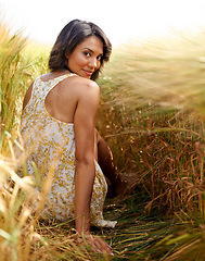 Image showing Portrait, happy and woman in wheat field in the countryside, outdoor summer for health and relax. Face, back of person at farm grass and nature, garden and travel on holiday or vacation in Brazil