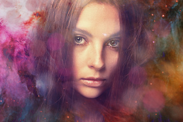 Image showing Woman, portrait and galaxy for, star dust, fantasy and nebula for art, cosmos or double exposure for solar system. Girl, outer space and color in overlay for universe, milky way and night sky on face