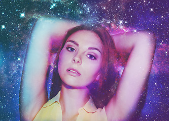 Image showing Woman, portrait and double exposure with stars, space and fantasy for art, cosmos or shine with solar system. Girl, galaxy and color with universe, nebula or milky way for night sky overlay on face