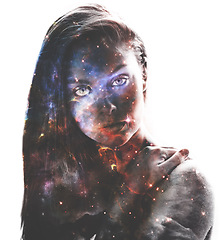 Image showing Woman, portrait and double exposure with galaxy, space and fantasy for art, cosmos and shine by white background. Girl, solar system and color with universe, nebula or milky way for night sky on face