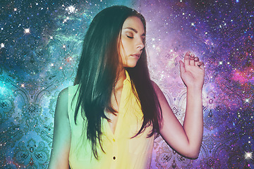 Image showing Woman, double exposure and stars in space, fantasy and art in cosmos, shine and thinking in solar system. Girl, galaxy and color with universe, nebula or milky way for night sky overlay with fashion