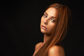 Image showing Hair care, portrait or model with beauty space, skincare or results for glow, shine or collagen in studio. Black background, face or natural woman with mockup for treatment, healthy texture or growth