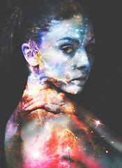 Image showing Woman, portrait and double exposure with galaxy, stars and fantasy for art, cosmos and shine by black background. Girl, outer space and color with universe, nebula or milky way with night sky on face