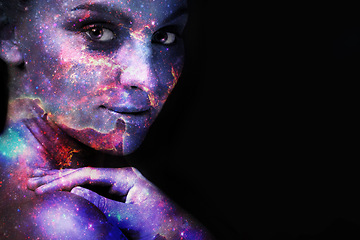 Image showing Woman, portrait and double exposure for universe, stars or fantasy for art, cosmos and shine by black background. Girl, mockup space or overlay with galaxy, nebula or milky way with night sky on face
