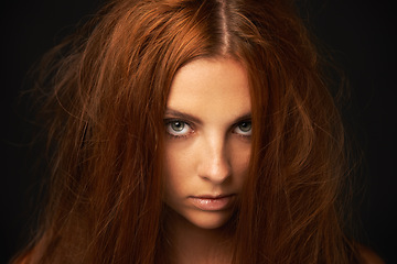 Image showing Depression, portrait or woman in studio with messy hair, trauma stress or bad results alone. Black background, psychology or face of a lonely female person with anger, burnout or moody attitude