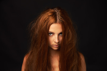 Image showing Depression, portrait or woman in studio with trauma stress, fail or bad results on mockup space alone. Black background, psychology or face of serious person with anger, messy hair or moody attitude