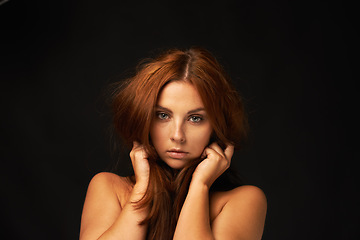 Image showing Hair care, portrait or woman with problem, damage or bad results for mockup space in studio alone. Black background, model or face of a serious person with keratin, messy texture or natural textures