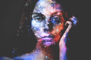 Image showing Woman, portrait and double exposure with galaxy, space and fantasy for art, cosmos or shine by black background. Girl, stars and color with universe, nebula or milky way for night sky overlay on face