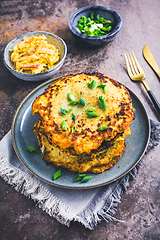 Image showing Homemade hash browns or potato pancake with cabbage salad and green onions