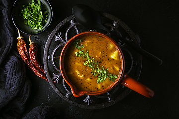 Image showing Hungarian hot goulash soup, beef, tomato, pepper, chili, smoked paprika soup. Traditional Hungarian dish.