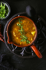 Image showing Hungarian hot goulash soup, beef, tomato, pepper, chili, smoked paprika soup. Traditional Hungarian dish.