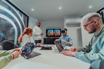 Image showing A diverse group of businessmen collaborates and tests a new virtual reality technology, wearing virtual glasses, showcasing innovation and creativity in their futuristic workspace