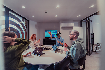 Image showing A diverse group of businessmen collaborates and tests a new virtual reality technology, wearing virtual glasses, showcasing innovation and creativity in their futuristic workspace